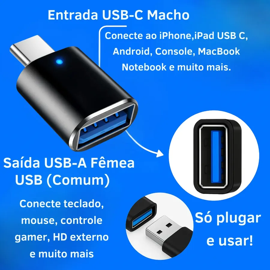 Entrada USB-C Macho e Saída USB-A Fêmea