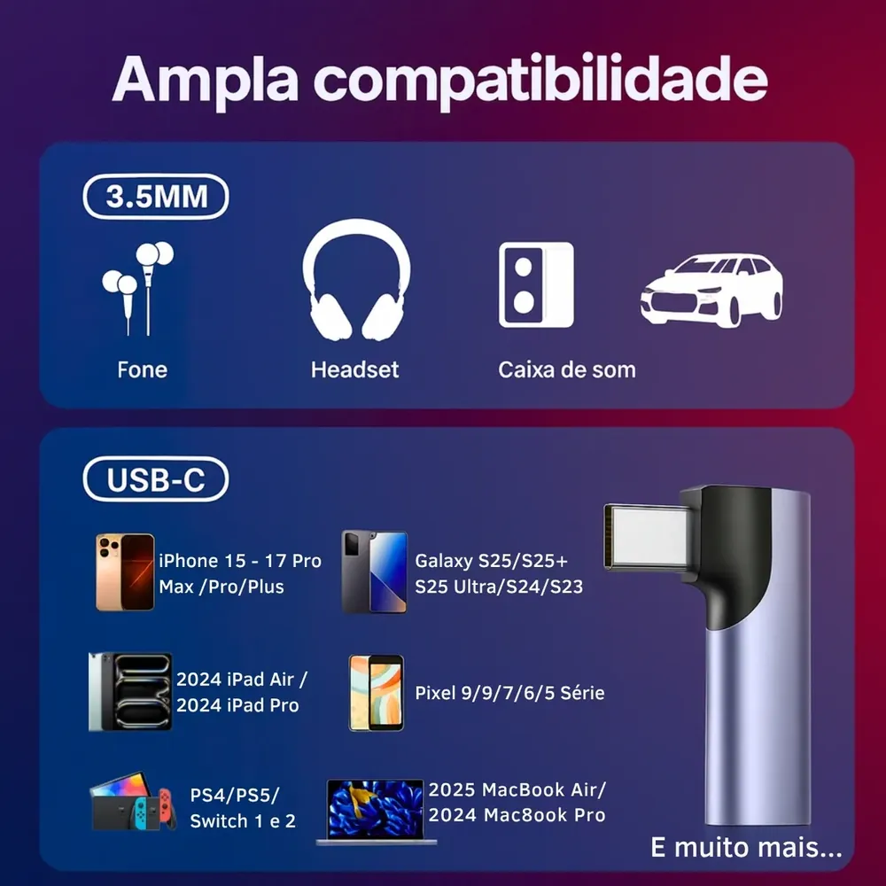 Compatível com fones, headsets, caixa de som e carro